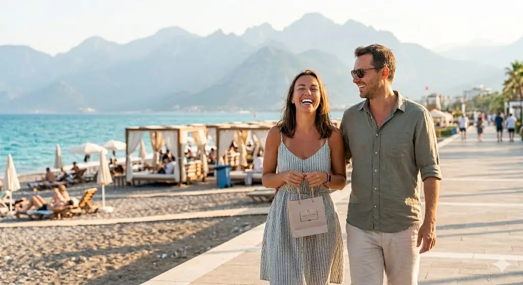 Smiling couple walking along sunny beachfront promenade with mountains in the background