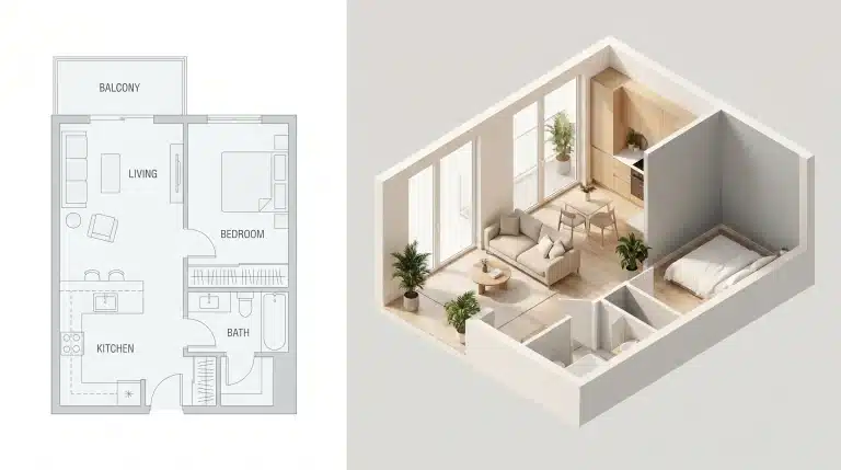 3D isometric apartment layout showing a modern 2 BHK home with living room, kitchen, bedroom, bathroom, and balcony in a interior design with neutral colors and natural lighting.