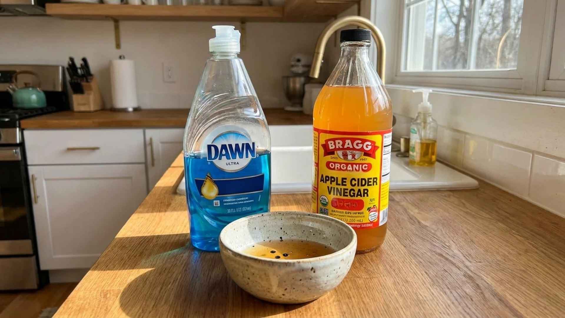 Apple cider vinegar and dish soap in a jar as a DIY gnat trap near plants.