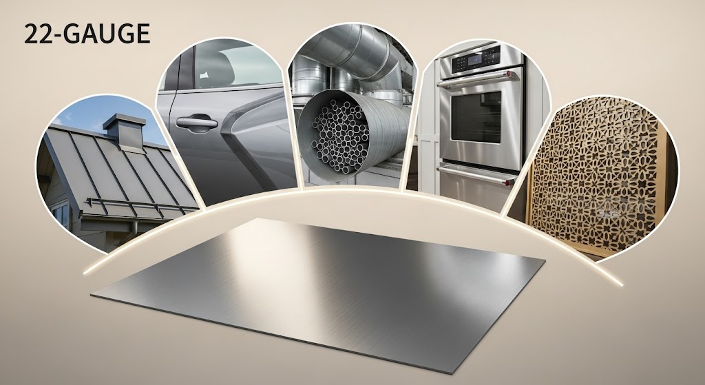 Five fan-shaped cutouts show 22-gauge steel uses: a roof, car panel, HVAC ducts, an oven, and a decorative screen.