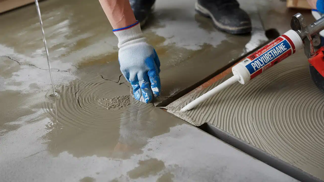 A worker wearing protective gloves applies polyurethane sealant from a caulking gun onto a prepped concrete basement floor.