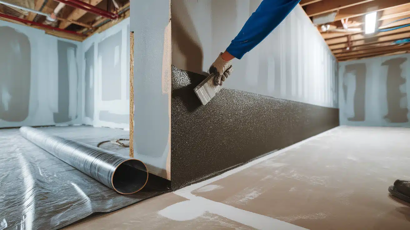 A worker wearing gloves uses a paint roller to apply a dark liquid waterproofing membrane onto a basement concrete wall.