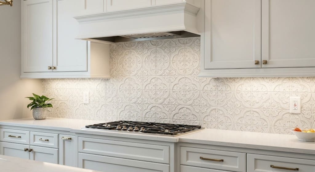 Elegant Moroccan-inspired white arabesque tile wainscoting serving as a decorative kitchen backsplash.