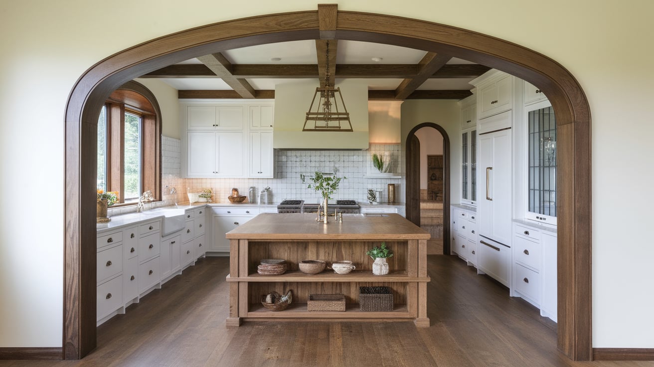 Craftsman kitchen with white cabinets, a wood island, a coffered ceiling, and a prominent arched wooden doorway.