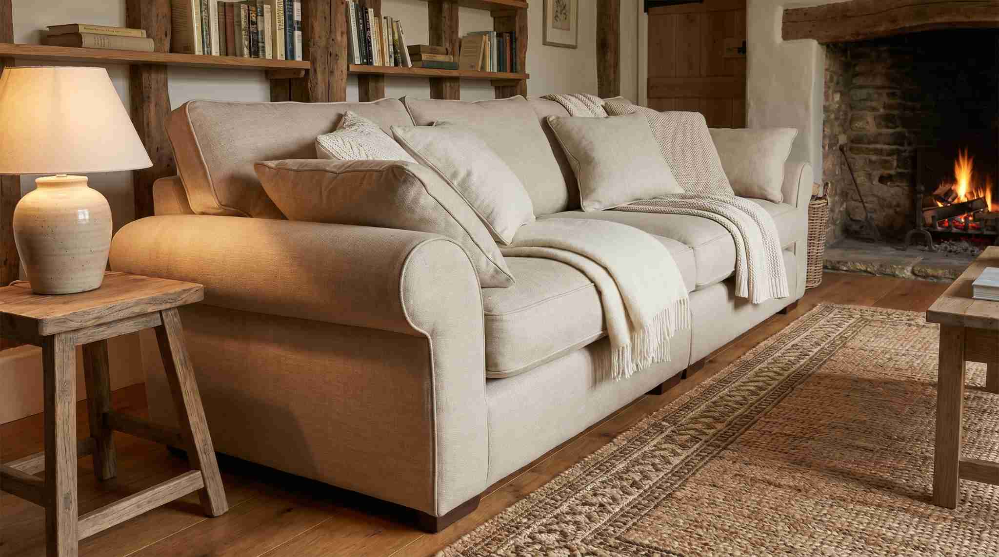 English roll arm sofa with rounded arms in warm traditional living room.