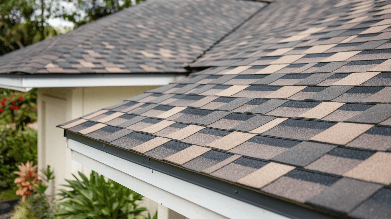 Close-up view of layered, textured architectural asphalt shingles in shades of gray and brown on a residential house roof.