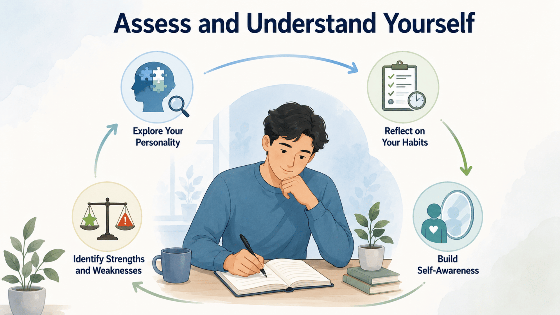 Infographic showing journaling and reflection for assessing personality, habits, strengths, and weaknesses.