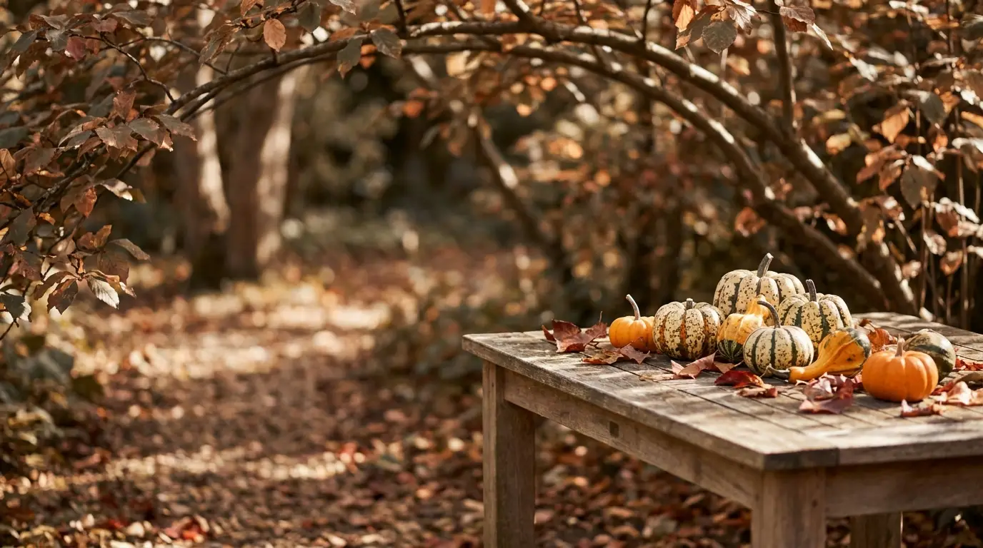 Pumpkins and gourds on wooden table in autumnal outdoor setting with fallen leaves