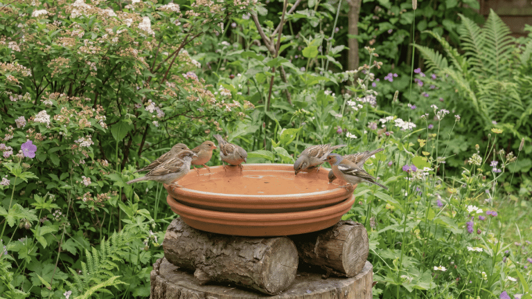 backyard-diy-bird-bath-with-birds-drinking-and-perched-surrounded-by-plants