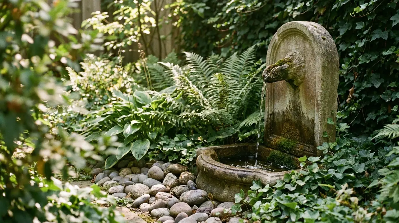 Moss-covered stone fountain surrounded by lush ferns and ivy in a garden setting