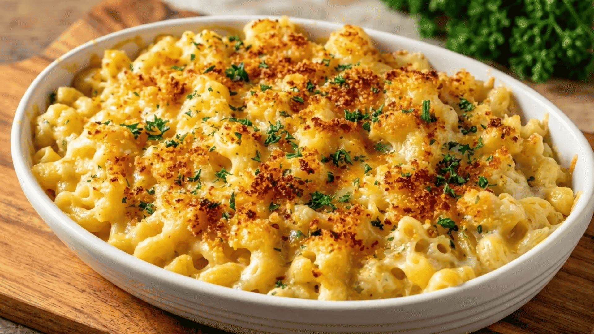 Creamy baked mac and cheese with a crispy golden topping and fresh herbs.