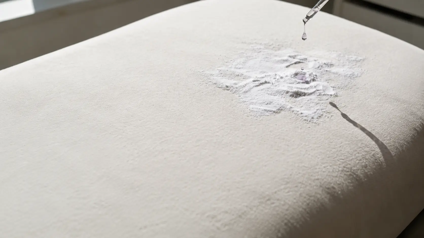 Baking soda sprinkled on mattress with lavender oil for odor removal and freshness.