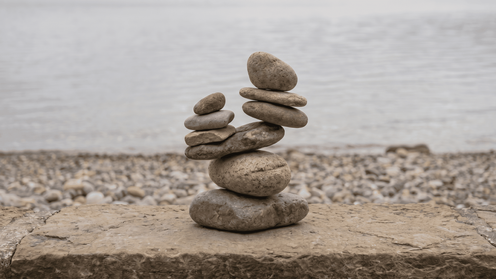 Balanced stones on a flat surface showing asymmetry in arrangement