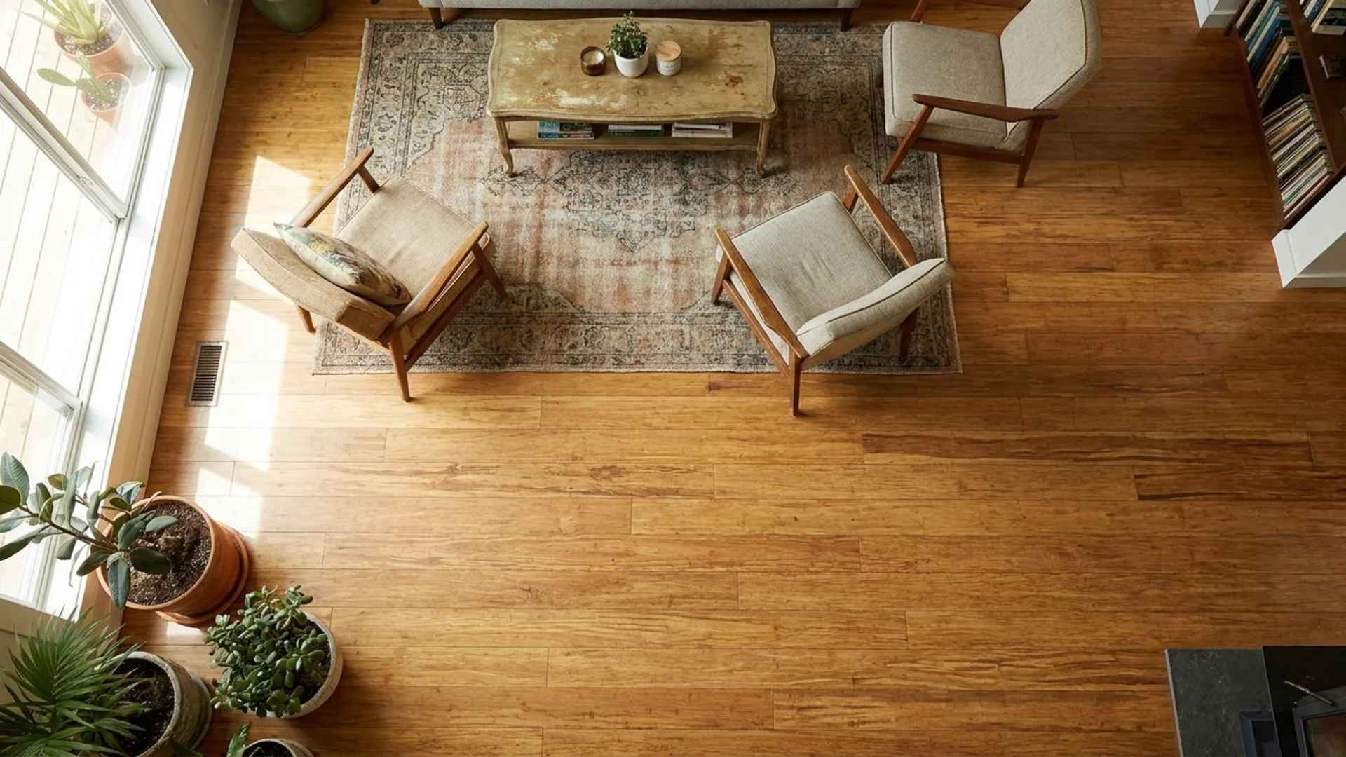 Eco-friendly blonde bamboo flooring planks showcasing a smooth, sustainable finish in a bright home office.