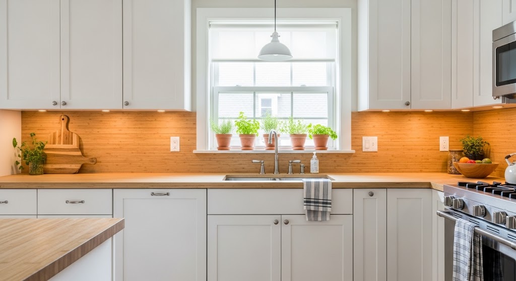 An eco-friendly kitchen featuring smooth, vertically-grained natural bamboo panels as a warm backsplash.