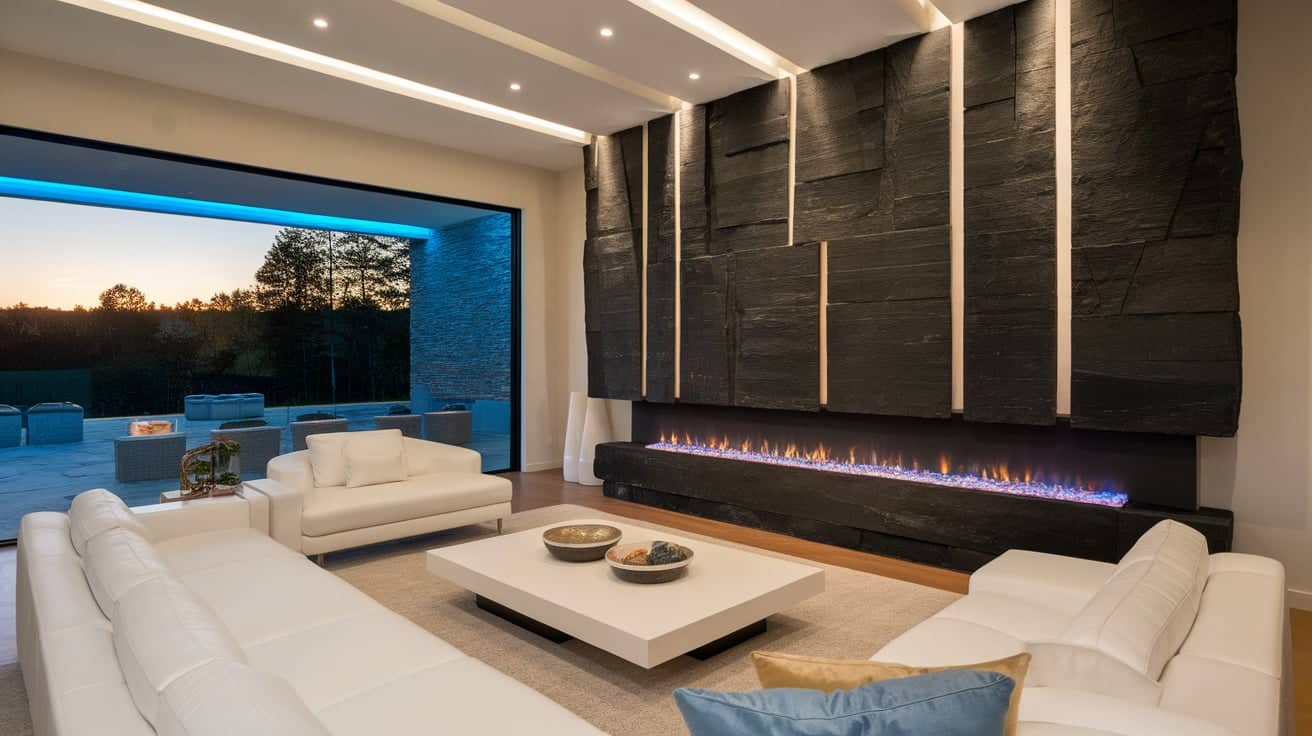 Modern living room with dark basalt stone column panels and a fireplace accented by vertical integrated LED lighting strips.