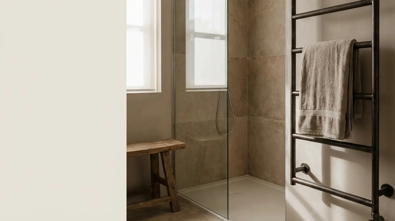 Wooden bench and towel on ladder rack in minimalist bathroom with stone tiles