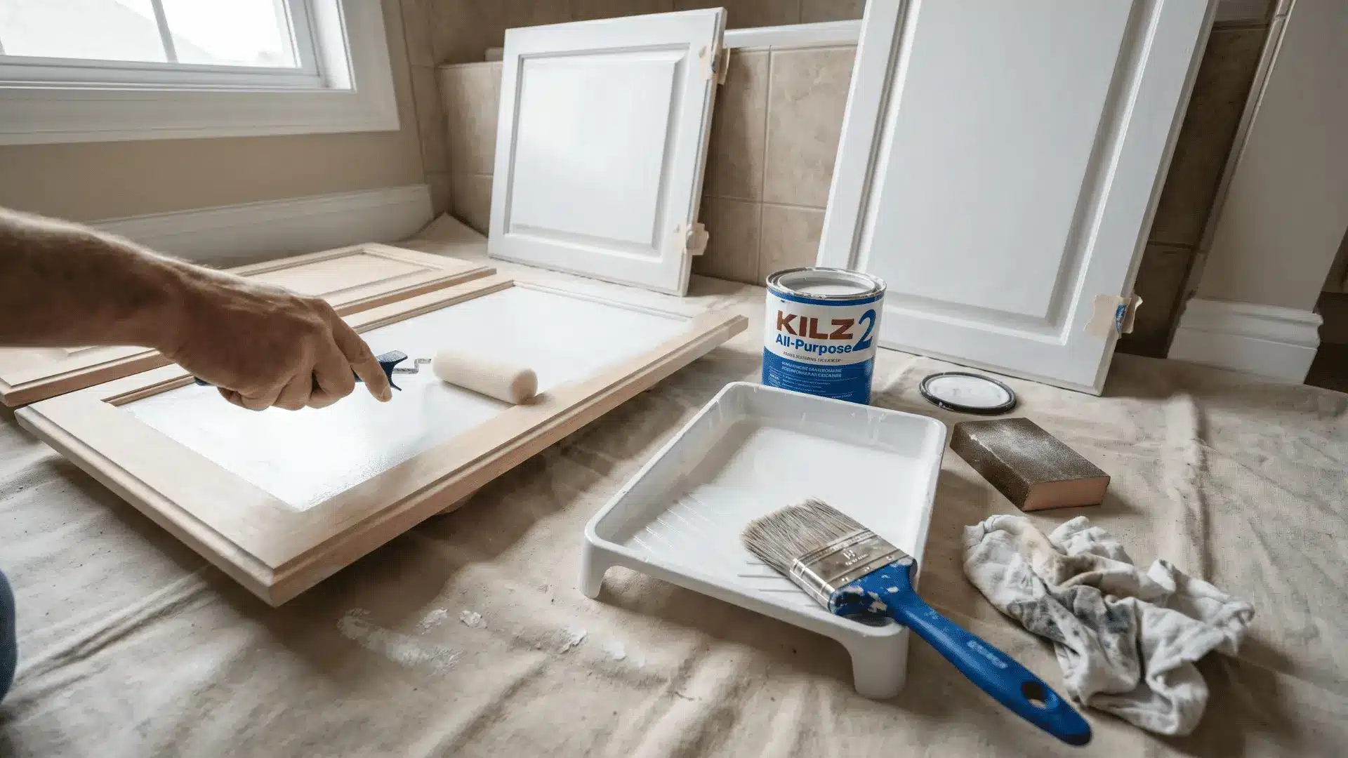 Bathroom cabinet doors being primed and painted with rollers and brushes.
