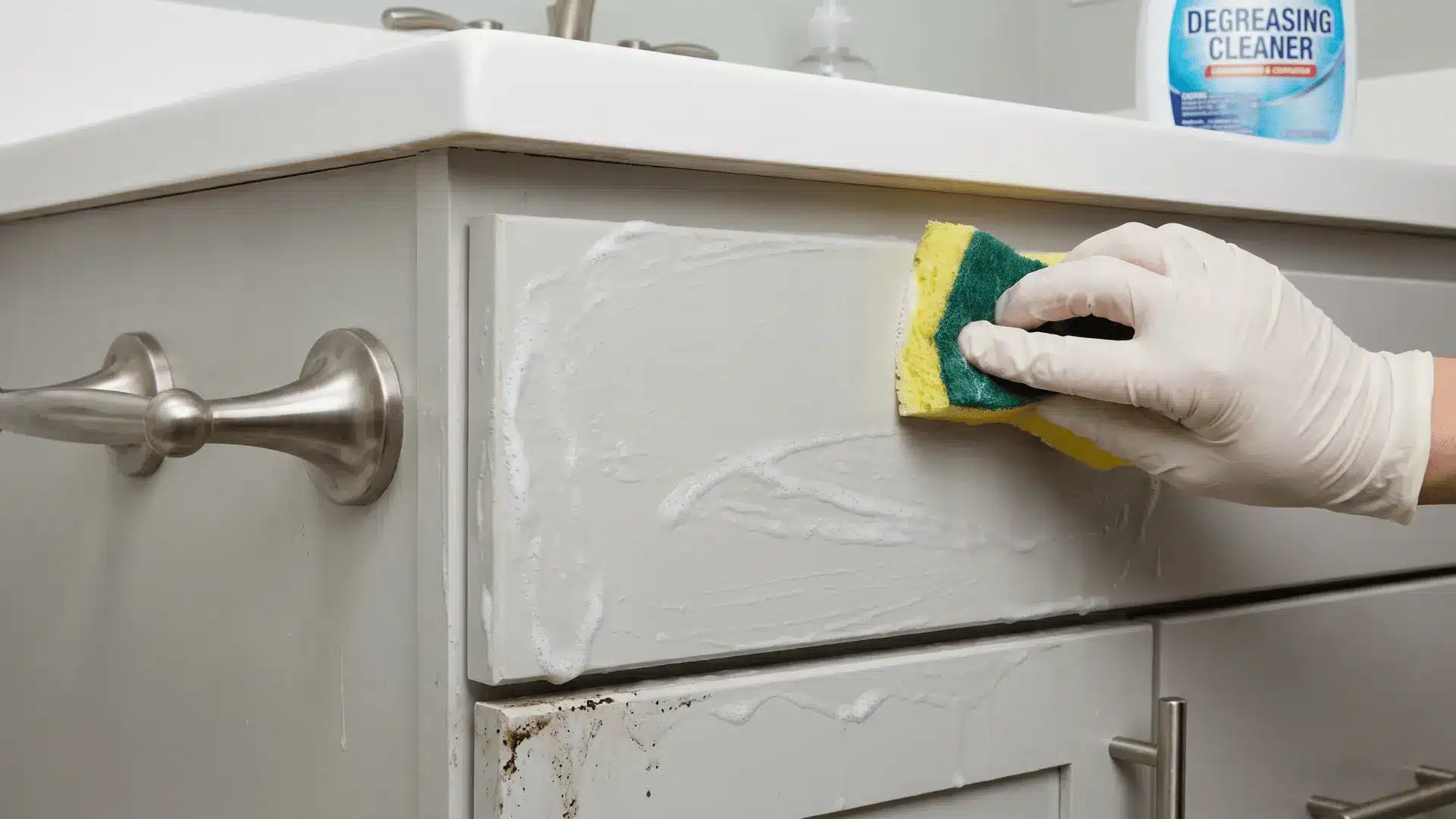 Bathroom cabinet surfaces being scrubbed with cleaner around sink and handle areas