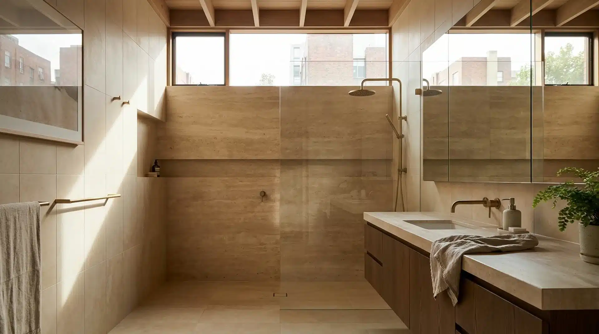 Modern bathroom with clerestory windows providing natural light and complete privacy indoors.