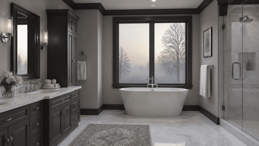 Elegant master bathroom with dark charcoal cabinets, white freestanding tub, marble floors, and chrome fixtures.