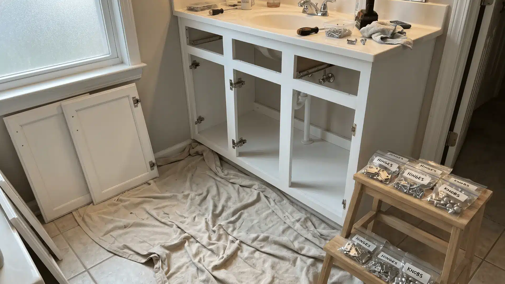 Bathroom vanity with cabinet doors removed and hardware organized nearby. (1)