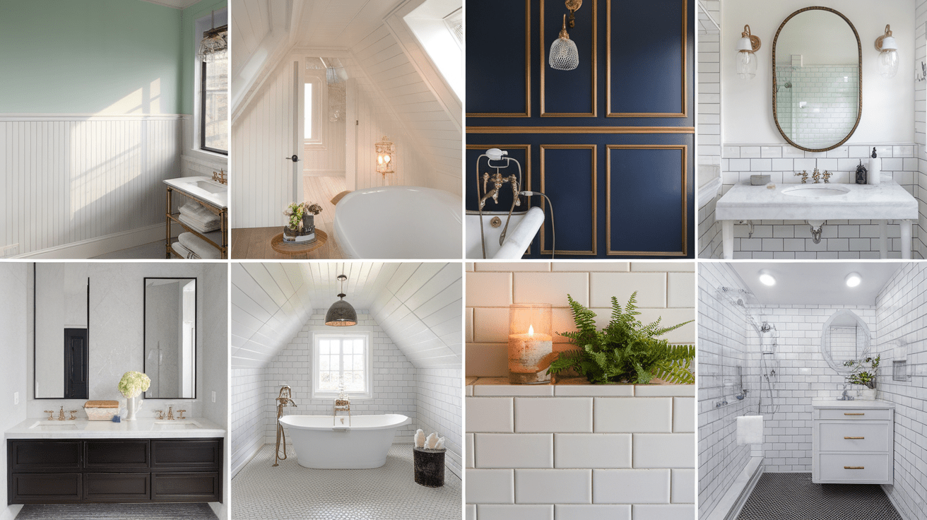 Photo collage of eight distinct bathroom wainscoting ideas, including classic white beadboard, dark blue panels, and subway tiles.