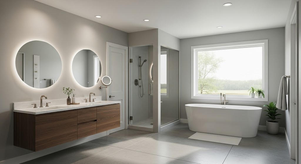 A modern, well-lit bathroom featuring light gray walls, a dark wood double vanity with round mirrors, and a freestanding white bathtub.