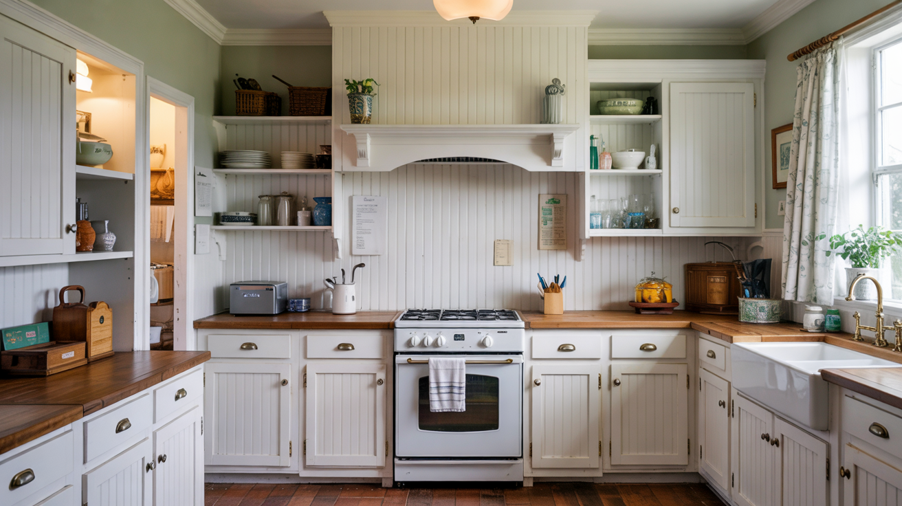 Traditional white-painted vertical beadboard wood paneling used as a cozy cottage-style kitchen backsplash.
