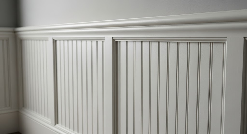 close-up shot of white beadboard wall panels featuring narrow vertical planks with rounded edges and a simple top rail cap.