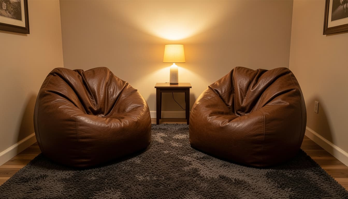 Cozy corner with brown leather bean bag chairs, soft lighting, and minimalist lounge decor.