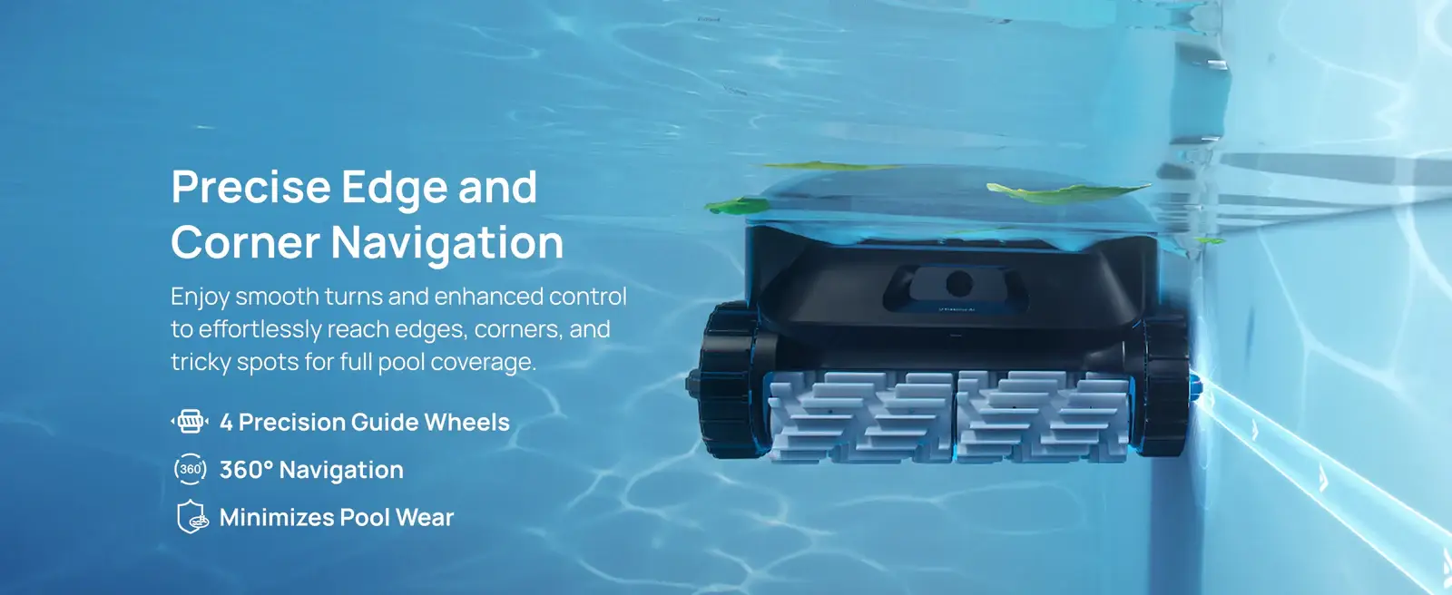 Robotic pool cleaner navigating underwater in a clear swimming pool with blue water