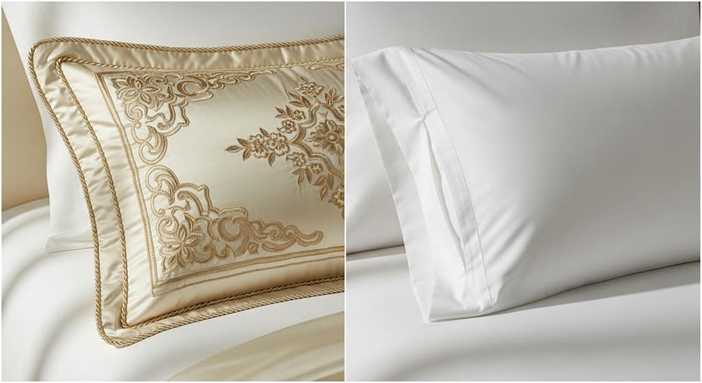 Side-by-side comparison of an elegant cream embroidered bed sham and a simple white cotton pillowcase.