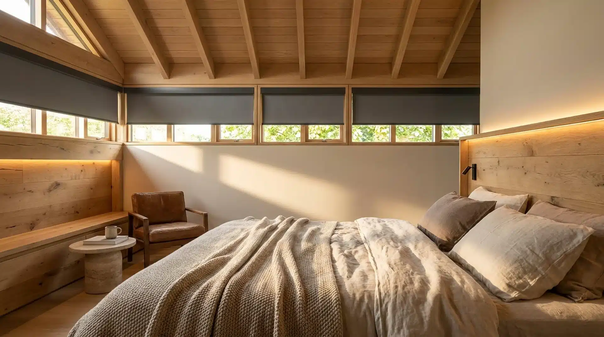 Cozy bedroom with clerestory windows and motorized shades filtering soft morning sunlight.