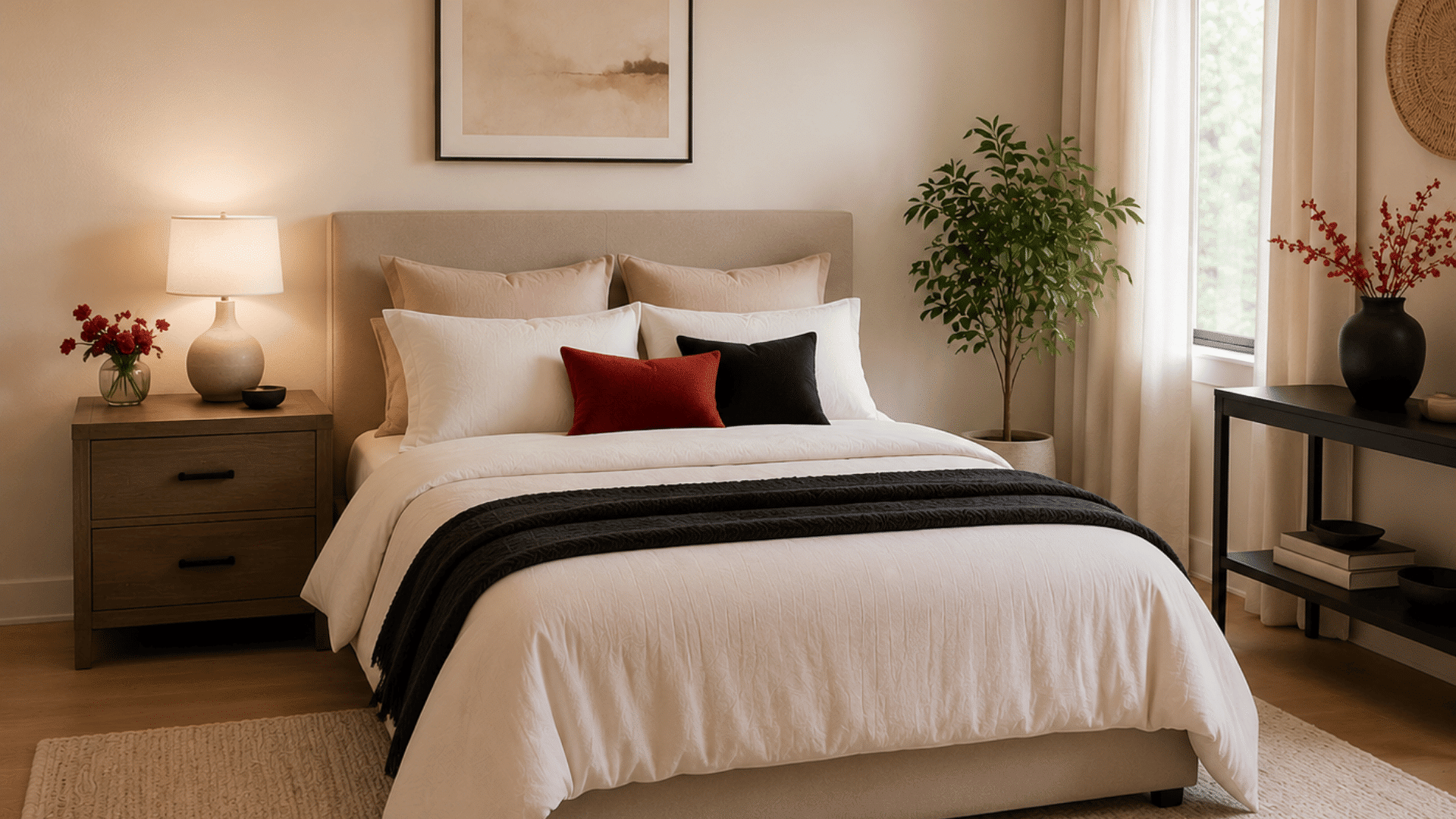Bedroom with a neutral base, small red and black accent pillows on bed, bedside lamp, plant, and simple wall artwork