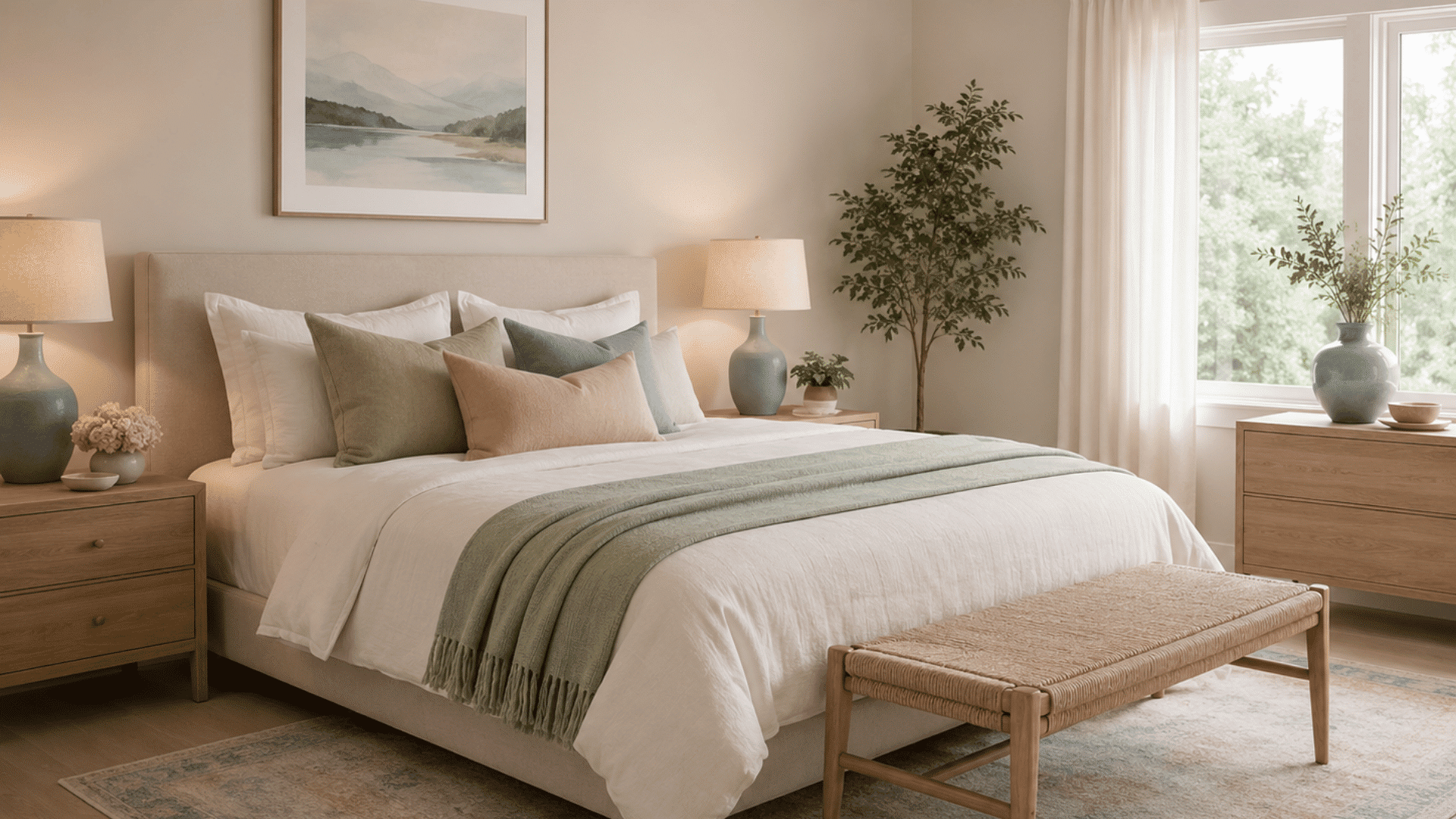 Bedroom with neutral bedding, soft blue and green accents, light pink throw, rug, lamp, and simple wall art