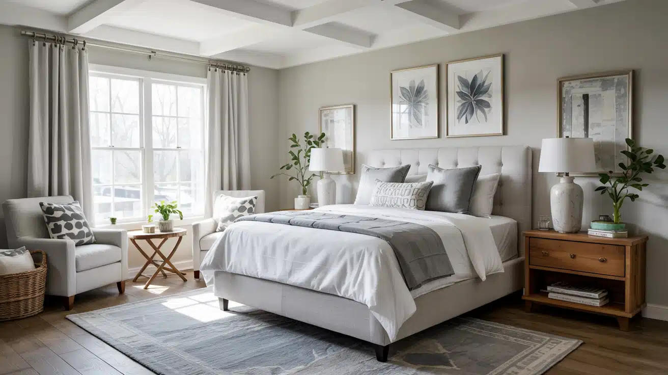 A beautifully styled bedroom featuring light gray walls, an upholstered bed with white bedding, and a wood nightstand.