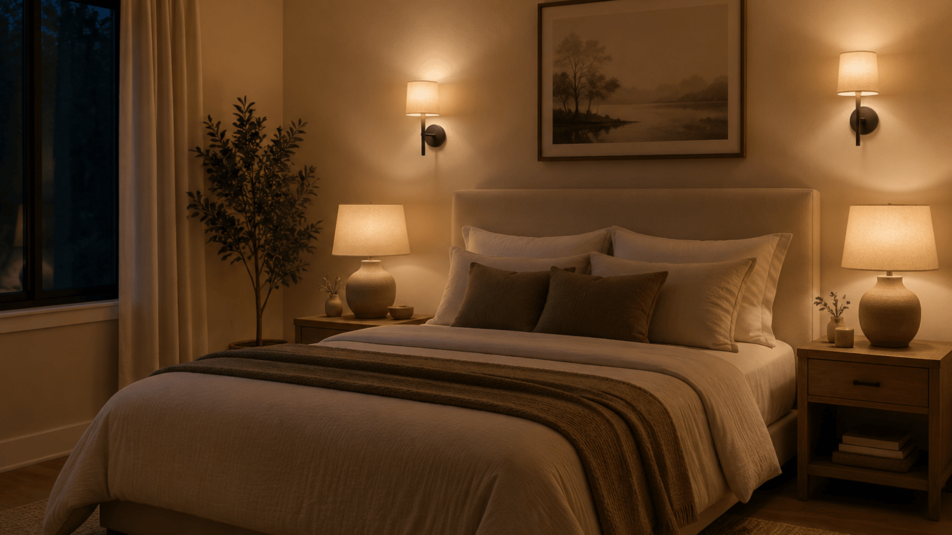Bedside lamps and wall sconces casting soft warm light in bedroom