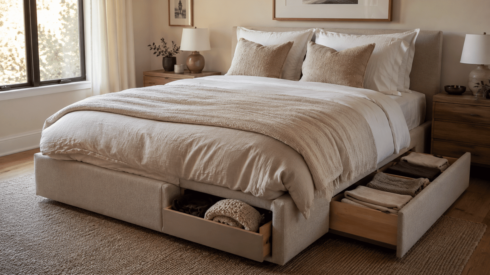 Bed with storage drawers in a modern bedroom.