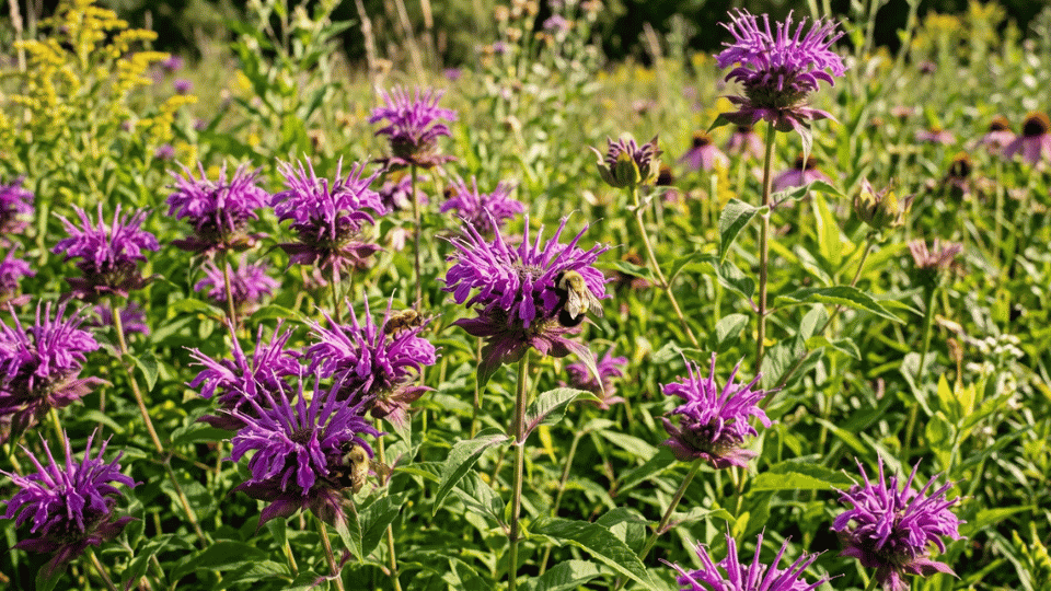 A wild bergamot bee balm flower head with spider-like lavender-purple tubular petals exploding outward.