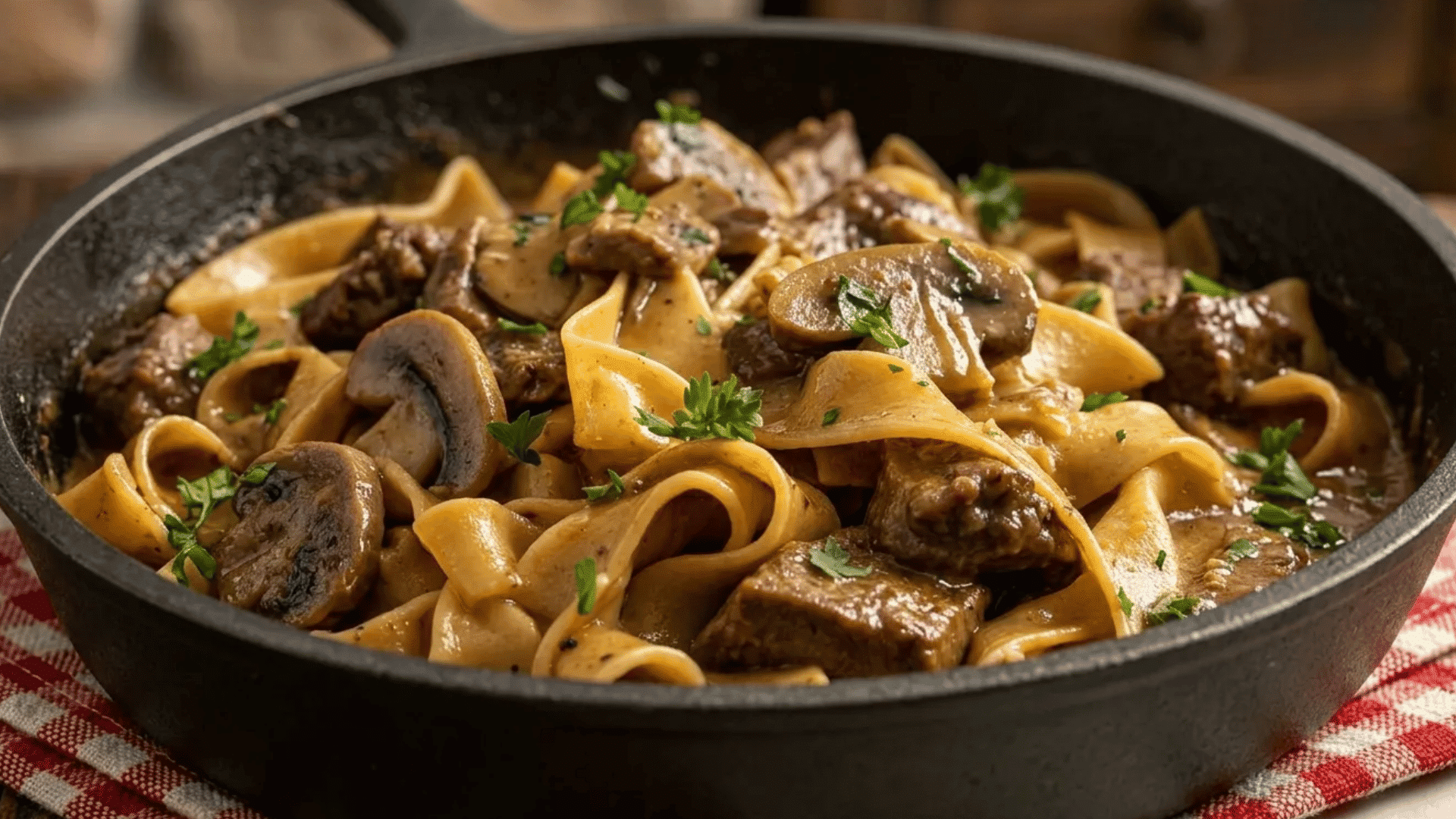 Beef stroganoff with tender beef, mushrooms, and creamy noodles in a rich savory sauce.