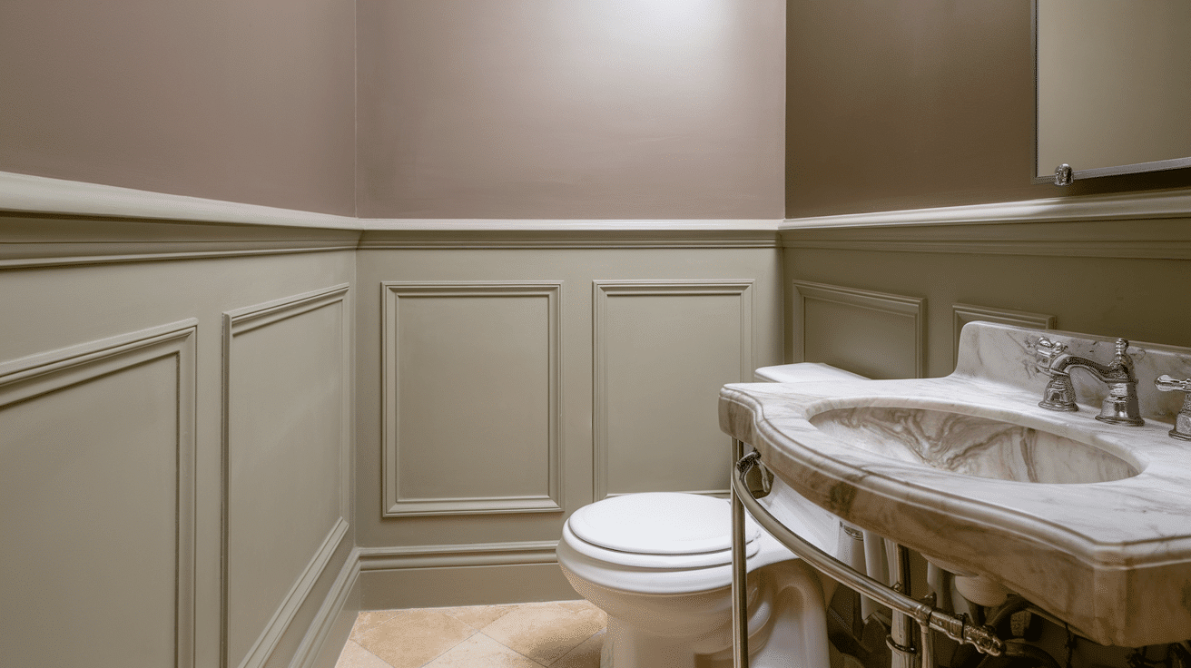 A classic bathroom featuring elegant taupe raised panel wainscoting and a matching marble-topped vanity.