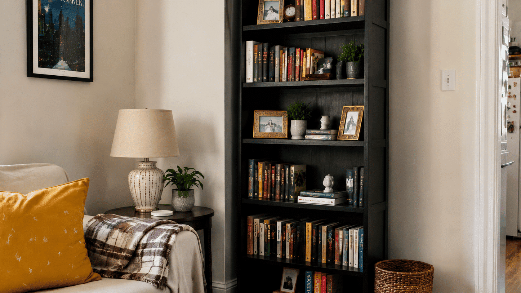 Beige sofa with lamp and black bookcase.