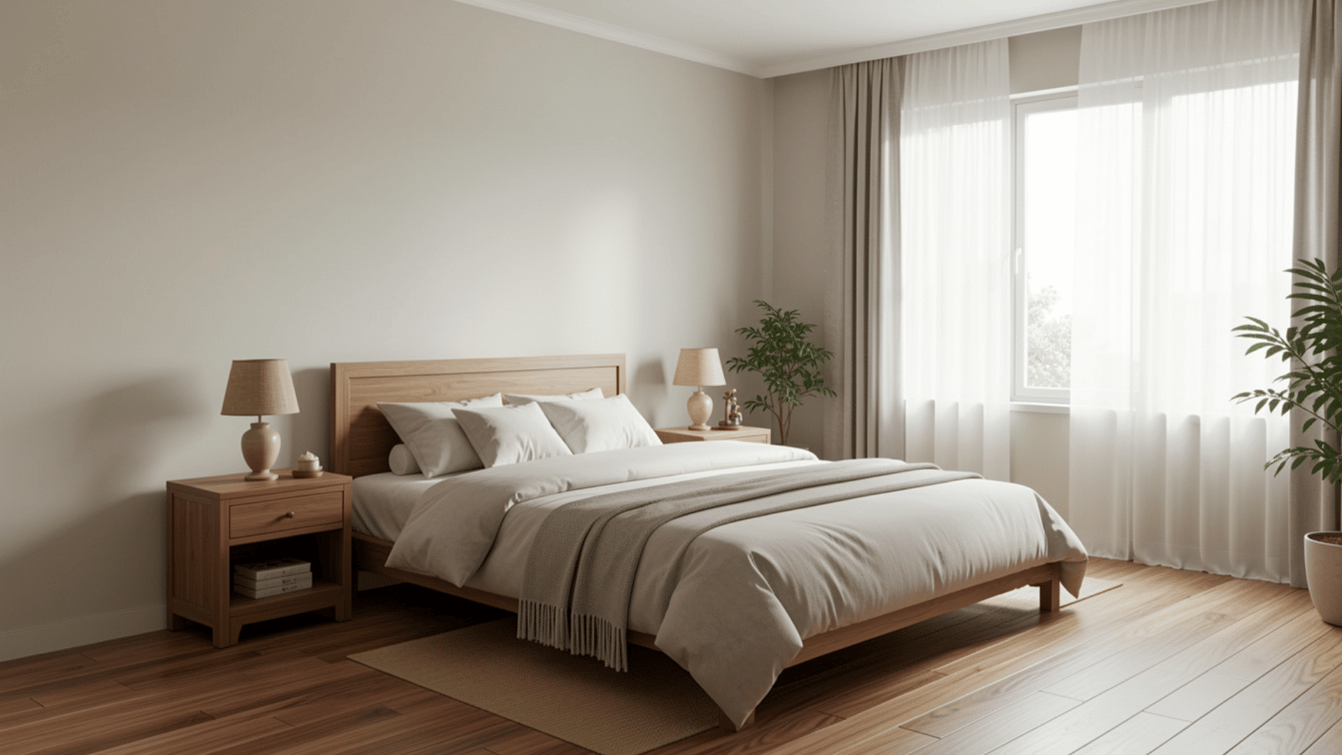 Minimal feng shui bedroom with neutral bedding, wooden furniture, soft daylight, sheer curtains, and calm clutter-free layout.