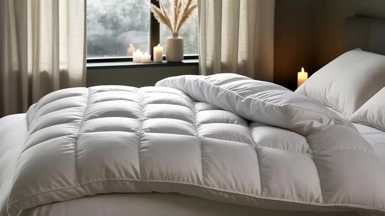 A plush, fluffy white duvet insert neatly arranged on a bed with large pillows in front of a sunny bedroom window.