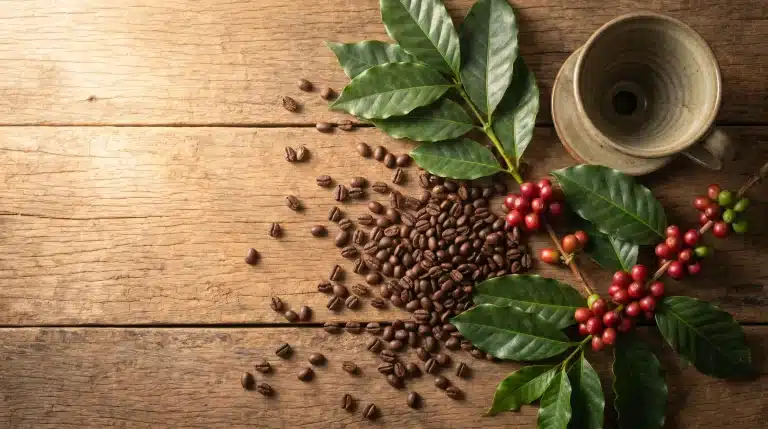 Coffee beans and fresh coffee cherries with ceramic cup on rustic wooden table