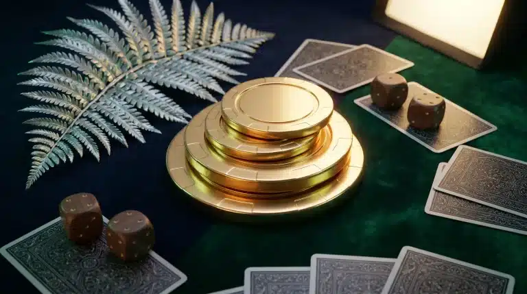 Gold poker chips stacked on felt table with playing cards and wooden dice