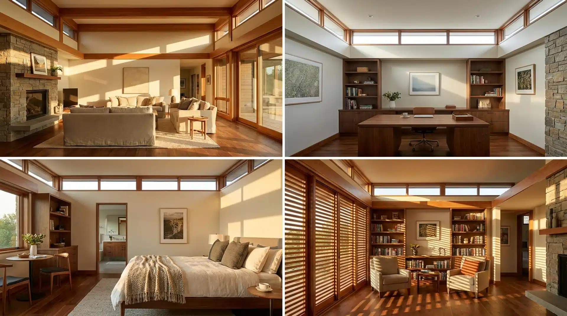 Modern interiors showing clerestory window orientations for balanced daylight and year-round comfort.