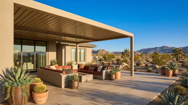 Modern outdoor patio with sofa set, shaded pergola, and desert landscape view