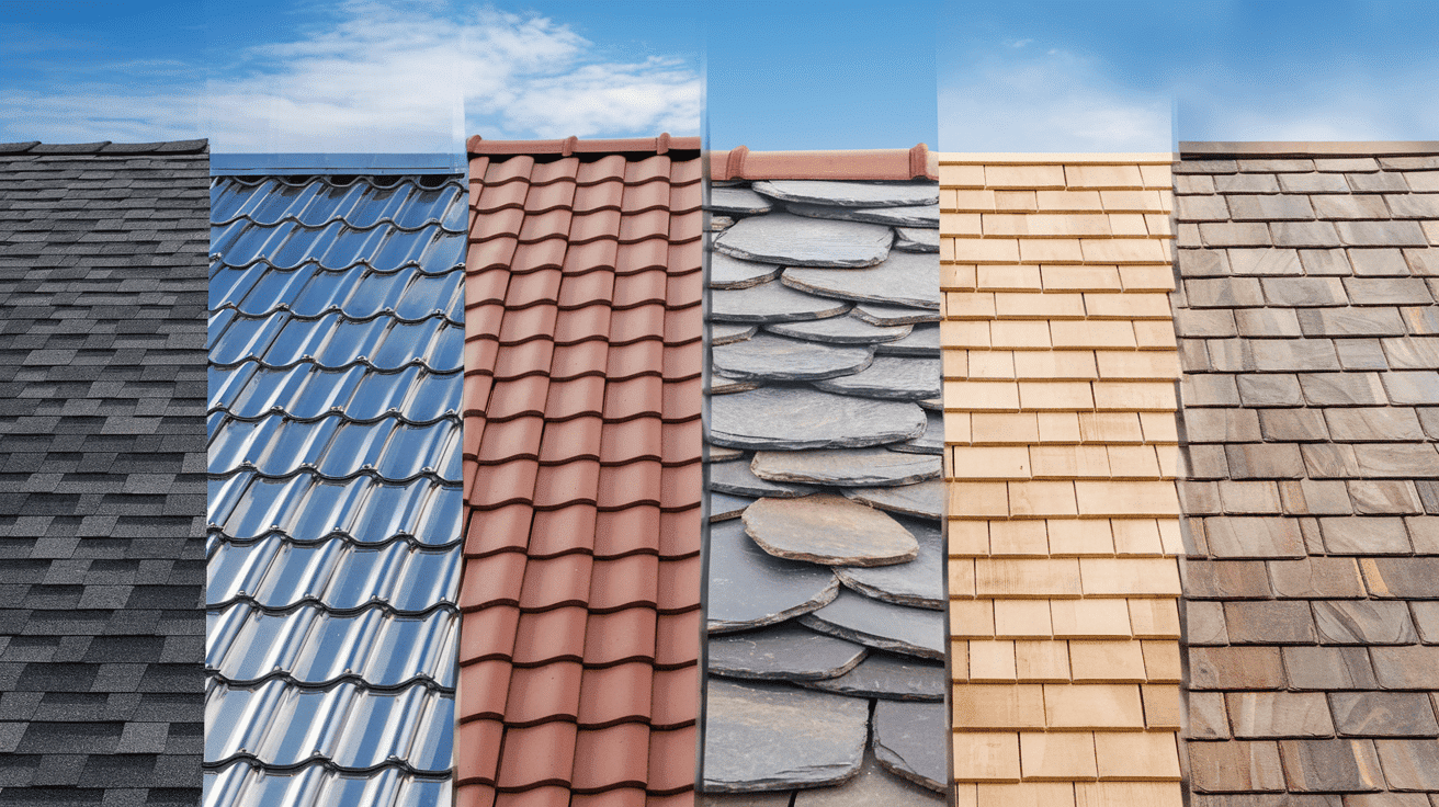 Side-by-side comparison of six different roofing materials, including asphalt shingles, clay tiles, slate, and wood shakes.